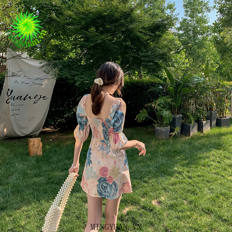 Đầm Nữ Tay Phồng Cổ Vuông In Họa Tiết Phong Cách Retro