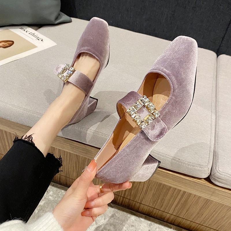 Giày búp bê mũi vuông đính đá sang trọng thời trang thu đông mới 2021 cho nữ