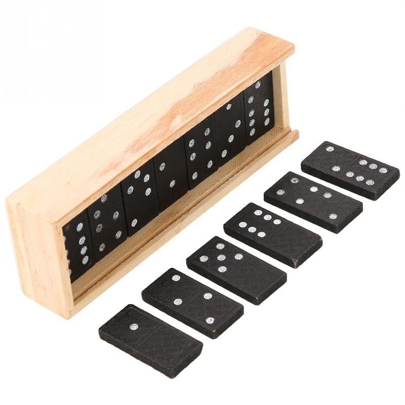Đồ chơi cờ domino 28 thẻ bài nhựa mini màu đen hộp bằng gỗ đẹp cao cấp, trò chơi xếp hình domino giải trí cho bé trẻ em