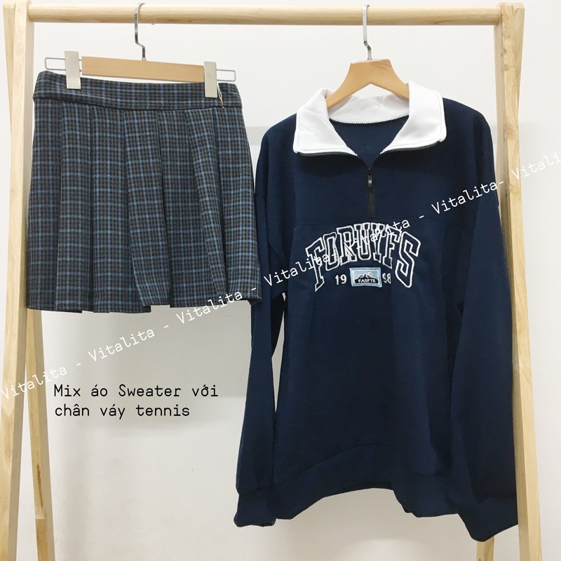 Hết hàng Áo Sweater nữ form rộng Hàn Quốc - Chất nỉ - Cổ Polo - Màu xanh dương | BigBuy360 - bigbuy360.vn