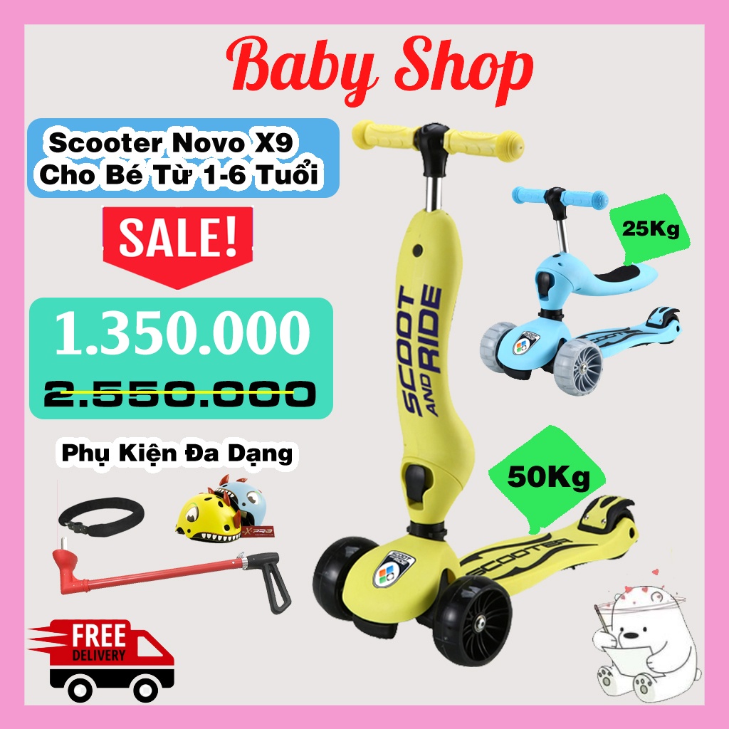Scoot And Ride Novo X9 có tay đẩy bánh xe to phát sáng vĩnh cửu chịu tải 50kg - Scooter and ride cho bé