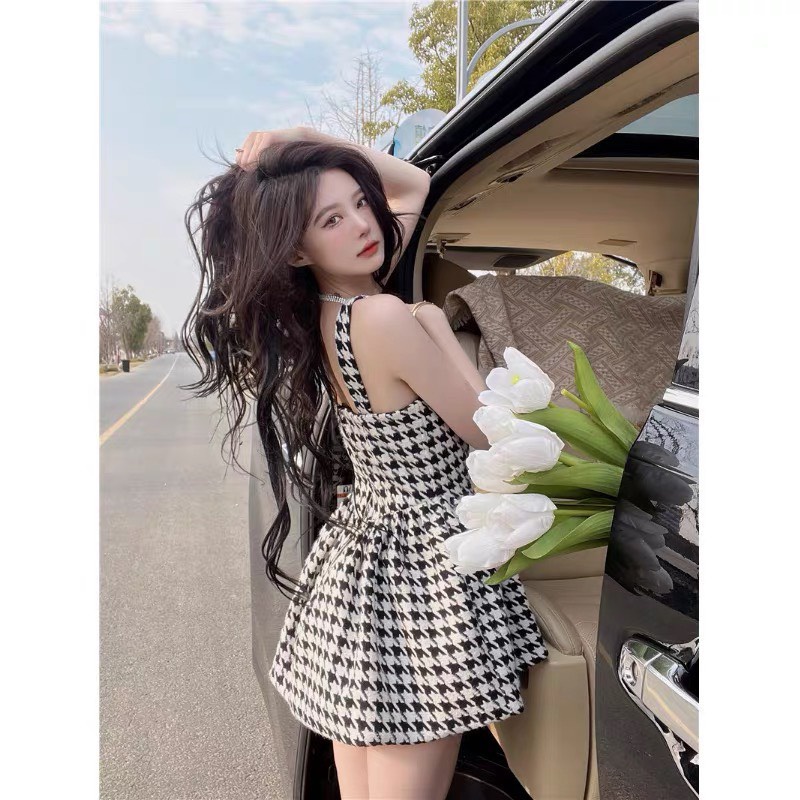 Váy Dạ Nữ 2 Dây Dáng Xòe Ulzzang, Đầm Chất Dạ Họa Tiết Kẻ