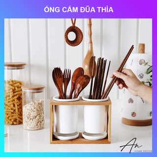 Ống cắm đũa thìa muỗng sứ thoát nước khung tre 2 ống