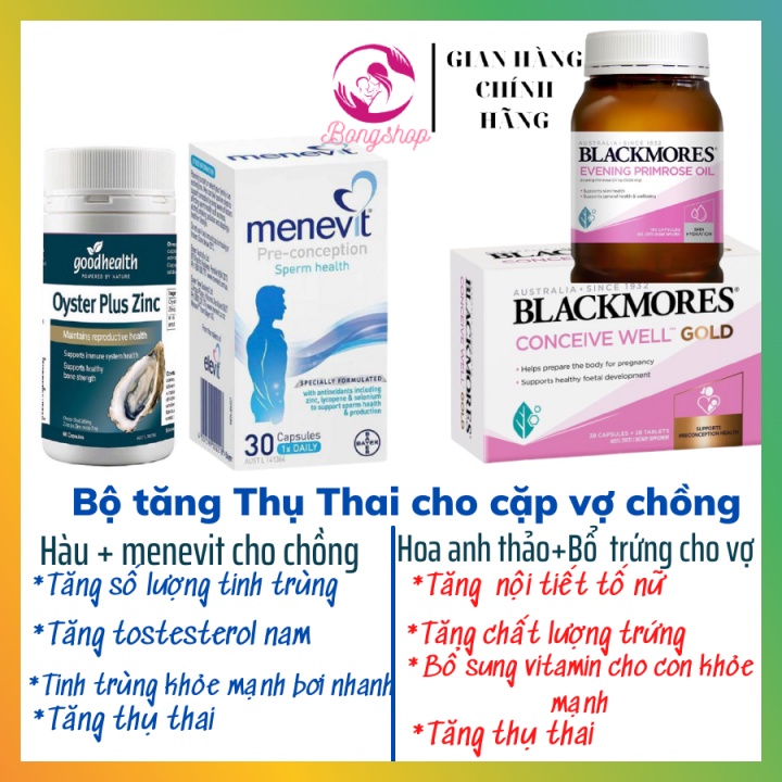 Bộ sản phẩm Tinh Chất Hàu, Menevit, Bổ trứng, Hoa anh thảo của Úc - Giúp tăng thụ thai