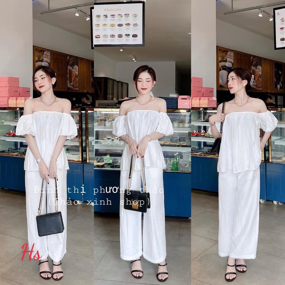 Bộ Đũi Áo Trễ Vai Eo Buông Quần Dài Ống Rộng Cạp Chun Tôn Dáng Haui Store