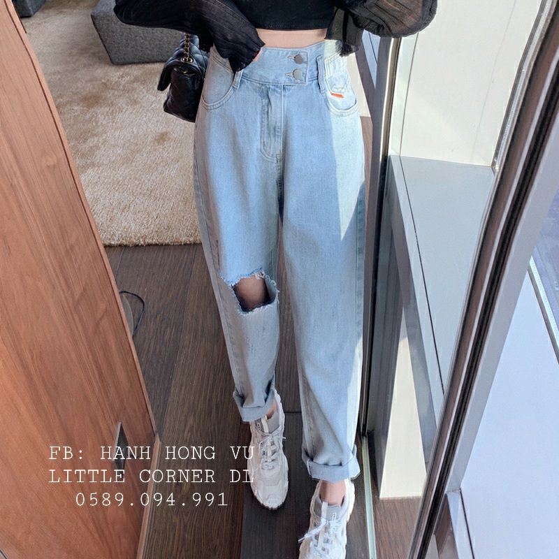 Quần baggy jean ống suông rách ô lớn bên đùi hai nút đôi lưng đai dày cạp cao form ulzzang kèm ảnh thật hàng sẵn