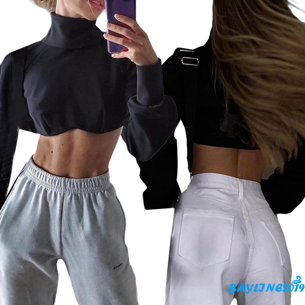 Áo Croptop Tay Dài Cổ Lọ Màu Sắc Trơn Thiết Kế Độc Đáo Thời Trang Quyến Rũ Cho Nữ