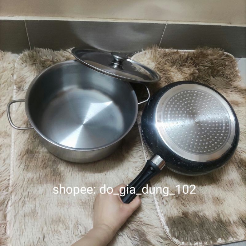 Chảo Chống Dính đáy từ 24cm và Nồi Inox 24cm dùng Bếp Từ, Bếp Gas, Bếp Hồng Ngoại