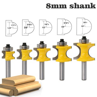 Bộ 5 mũi phay gỗ bán nguyệt cốt 8MM, 12MM, 12.7MM