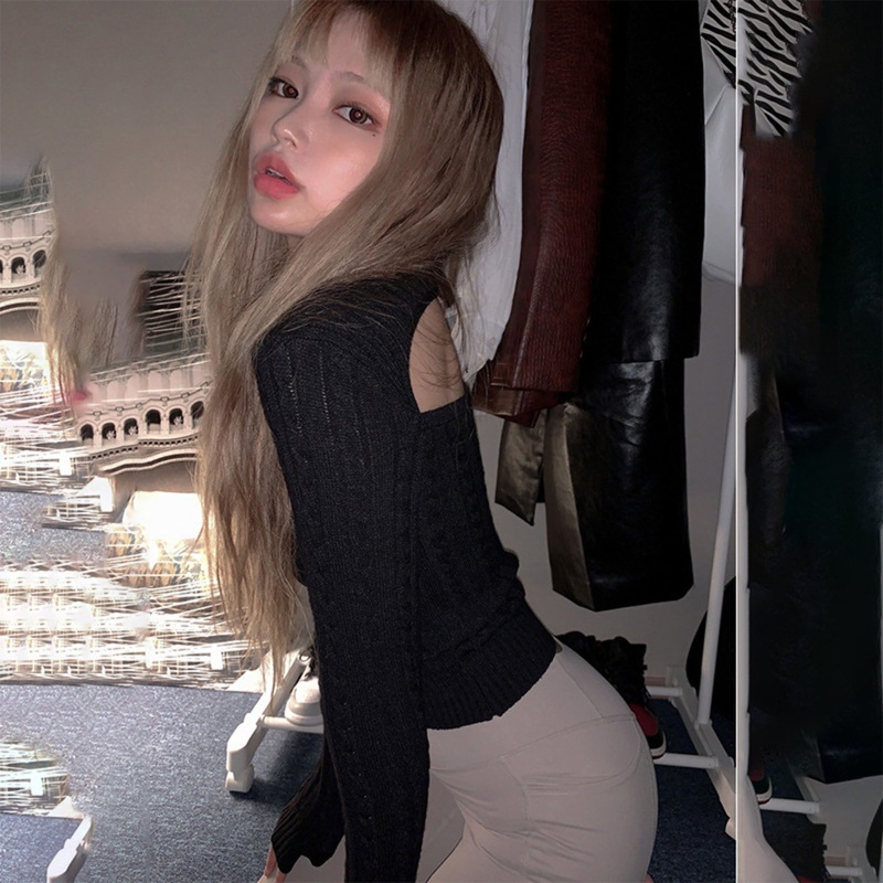 Áo Croptop Dệt Kim Tay Dài Cổ Lọ Phối Khóa Kéo Trước Màu Trơn Phong Cách Harajuku Quyến Rũ Cho Nữ