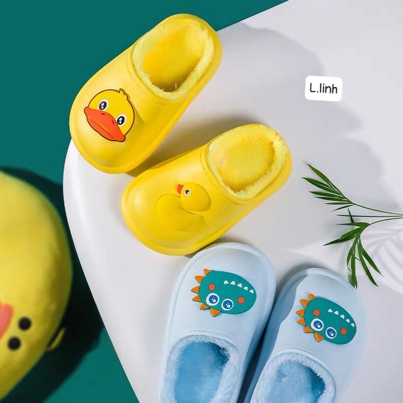 Dép sục Crocs lót bông siêu xinh siêu ấm cho bé mẫu khủng Long xanh và vịt vàng, dép nhẹ tênh, lông mềm ấm