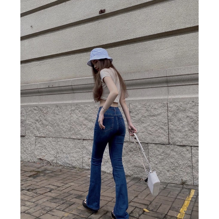 Quần jeans nữ ống loe lưng cao CHICMONKI co giãn màu 2 màu - CMJ1105