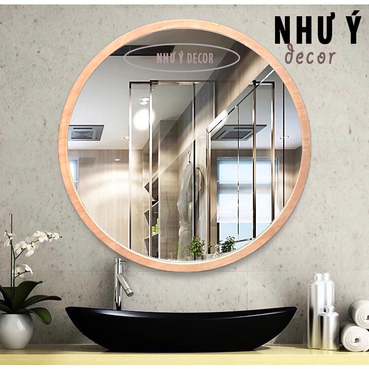 Gương soi nhà tắm tròn viền gỗ treo tường cao cấp D40- Gương tròn decor phòng tắm hoặc phòng ngủ