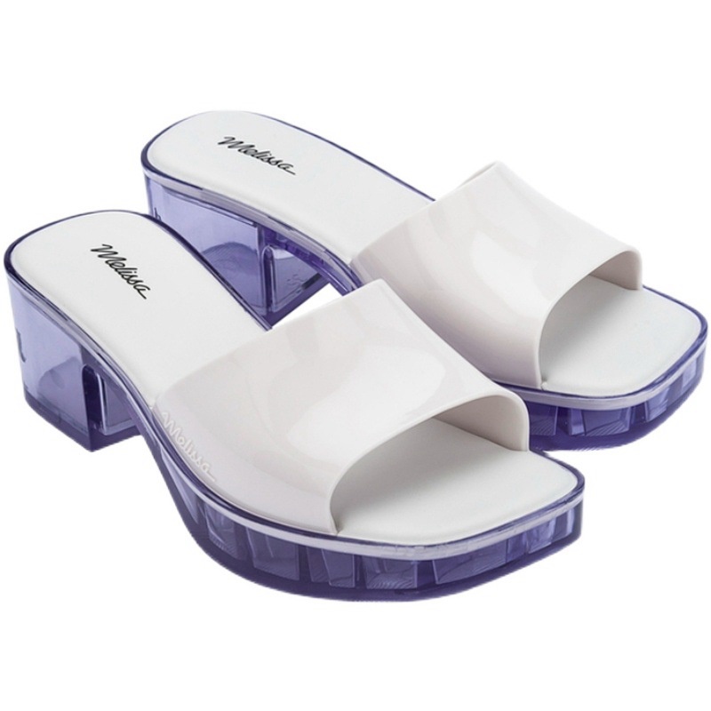 Melissa Melissa adult women's mid-heel Wide-face slippers solid color all-match retro square head jelly shoes SVGR