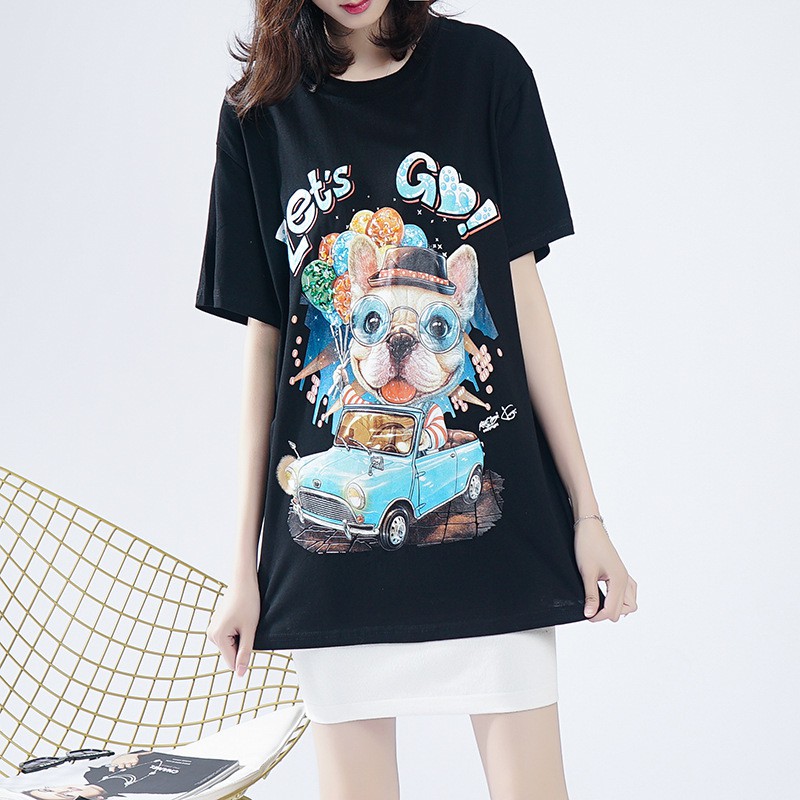 [ HÌNH THẬT, CÓ VIDEO] Áo phông nữ tay lỡ cổ tròn in hình hót hít gắn đá sang trọng