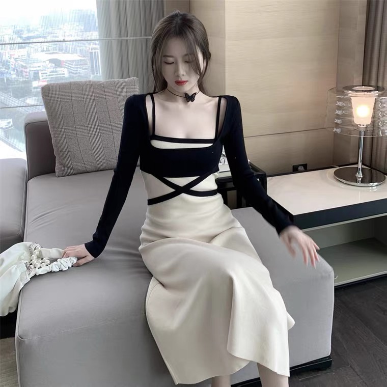 Đầm hai dây dệt kim phối dáng ôm thời trang Pháp cho phái nữ