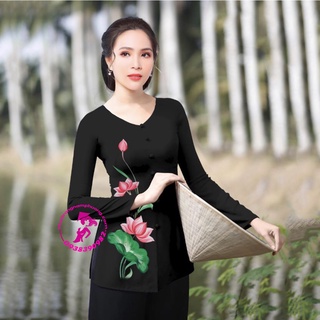 Áo bà ba nữ vải lụa màu đen in hoa sen
