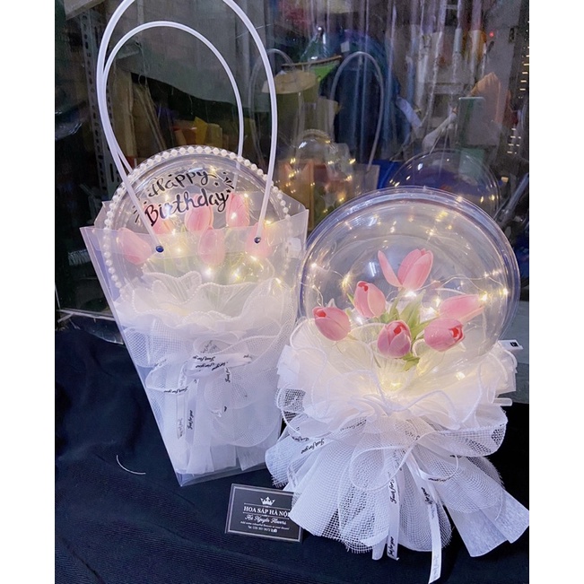 Quà tặng, bó bóng mĩ hoa tuylip , Sản phẩm y hình, bóng trong suốt bằng nhựa không xẹp hơi