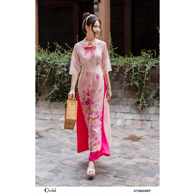 Bộ áo dài cách tân họa tiết hoa nhí kèm nơ thanh lịch Chất liệu tơ cao cấp Orchid GT26O087