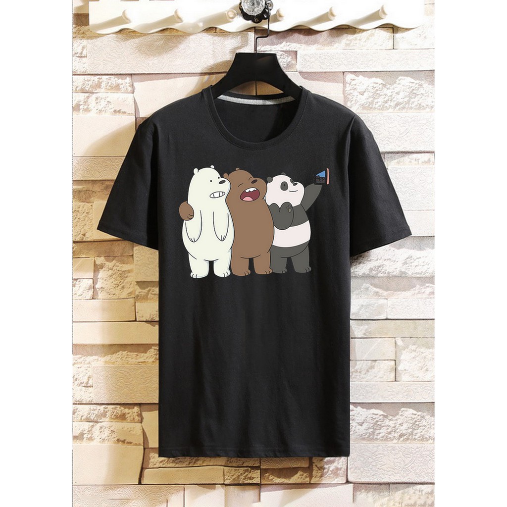 Áo Thun Cotton Ba Con Gấu Chụp Hình Unisex Nam Nữ Trắng Đen