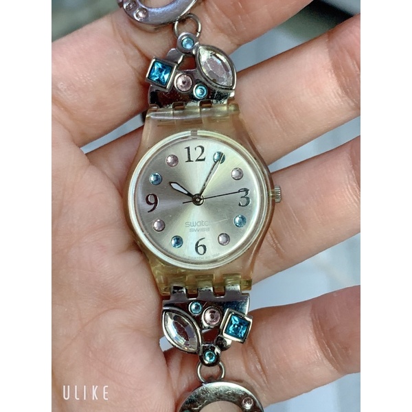 Đồng hồ si nữ hiệu SWATCH SWISS máy Thuỵ Sỹ, mặt mỏng lộ máy, dây đính đá