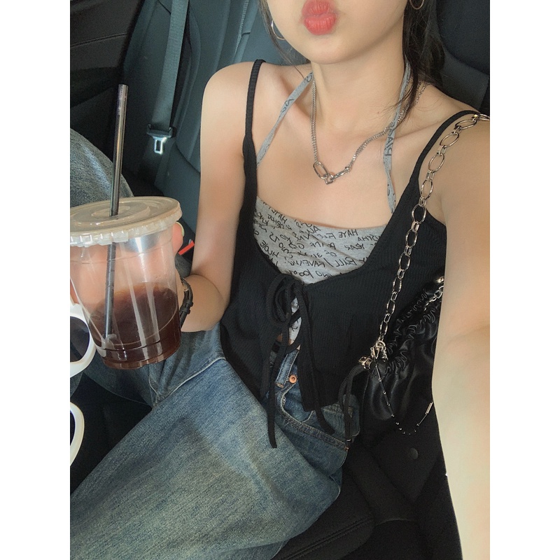 HUANG YOYO  Set Áo Hai Dây Và Áo Khoác cardigan Thời Trang Hàn Quốc Cho Nữ