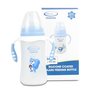 Bình sữa thủy tinh bọc silicon Gluck Baby 240ml-Màu Xanh