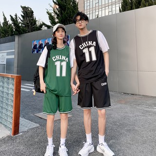 Bộ quần áo nam nữ Unisex thể thao cộc tay mặc mùa hè China 11, chất thun cotton 2 màu xanh/đen VST