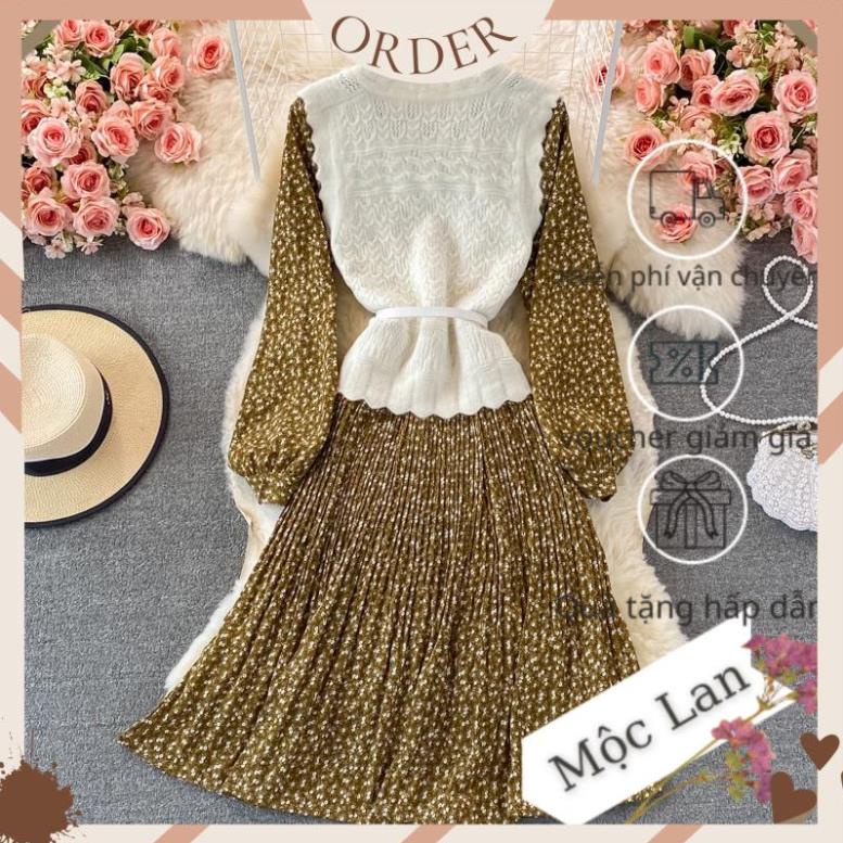(MộcLan ORDER) Set váy gồm váy chất voan hoa nhí kèm áo gile cổ V kèm dây thắt eo 3 màu | BigBuy360 - bigbuy360.vn