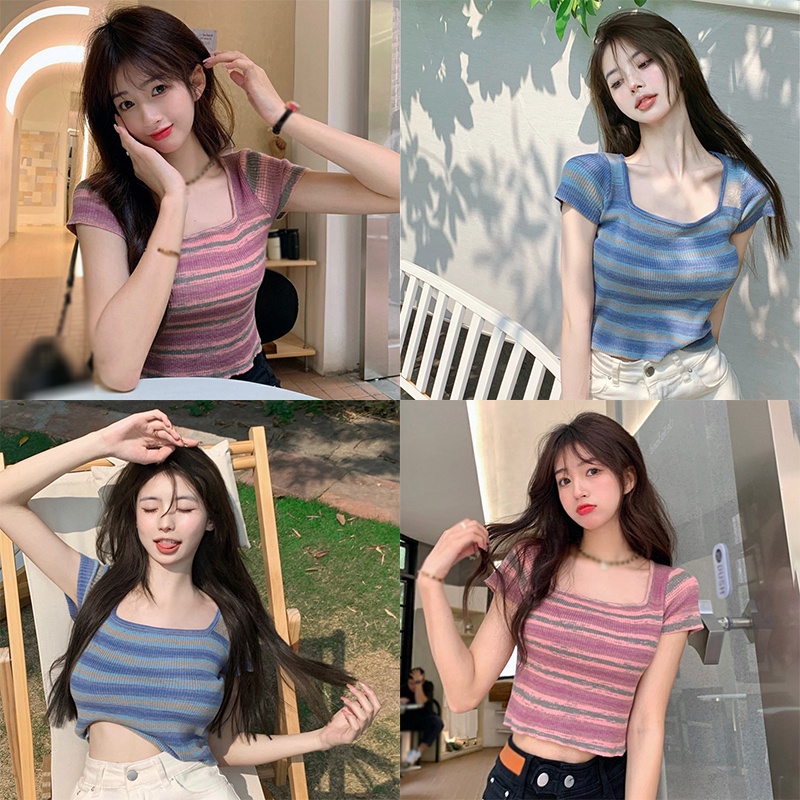 Áo Thun Ngắn Tay Cổ Vuông Họa Tiết Kẻ Sọc Phong Cách Hàn Quốc Cho Nữ