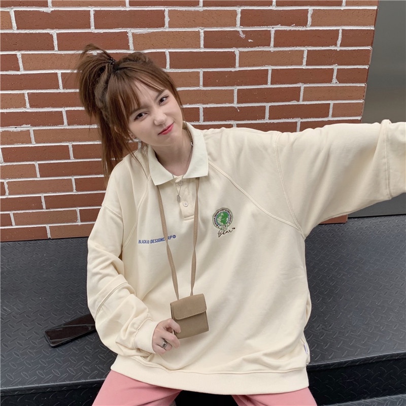 Áo sweater cổ polo dáng rộng thêu họa tiết thời trang mùa thu cho nữ | BigBuy360 - bigbuy360.vn