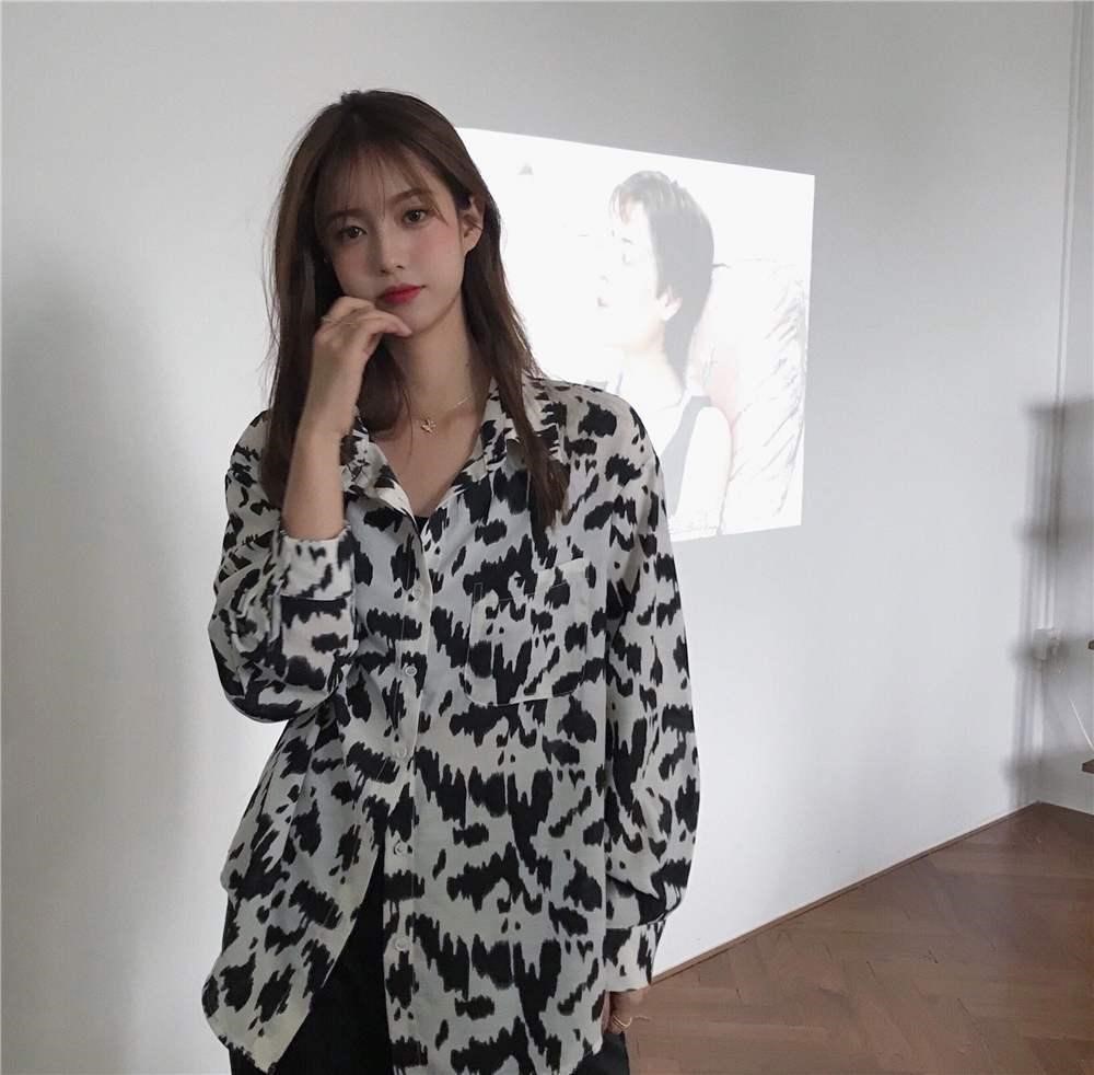 Áo Sơ Mi Tay Dài Họa Tiết Da Báo Phong Cách Retro Hàn Quốc