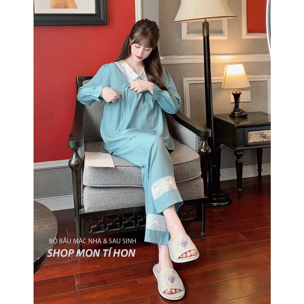 Đồ bầu mặc nhà trước và sau sinh, Quần có chun cúc điều chỉnh tiện lợi + Áo có khóa cho bé bú + Chất đũi tằm siêu mát