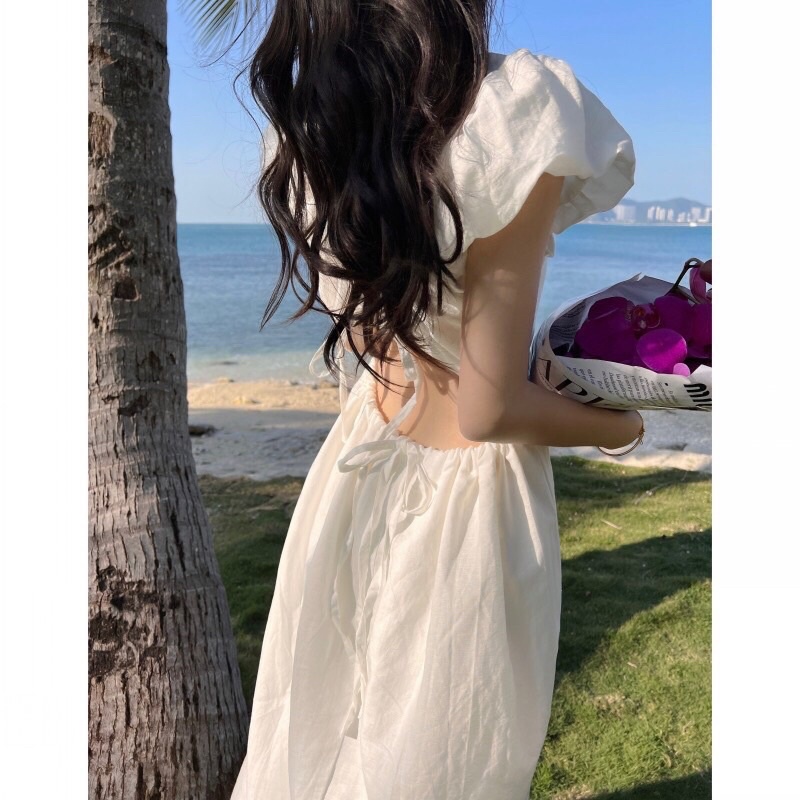 (có bigsize) ĐẦM MIDI TRẮNG CUTOUT LƯNG