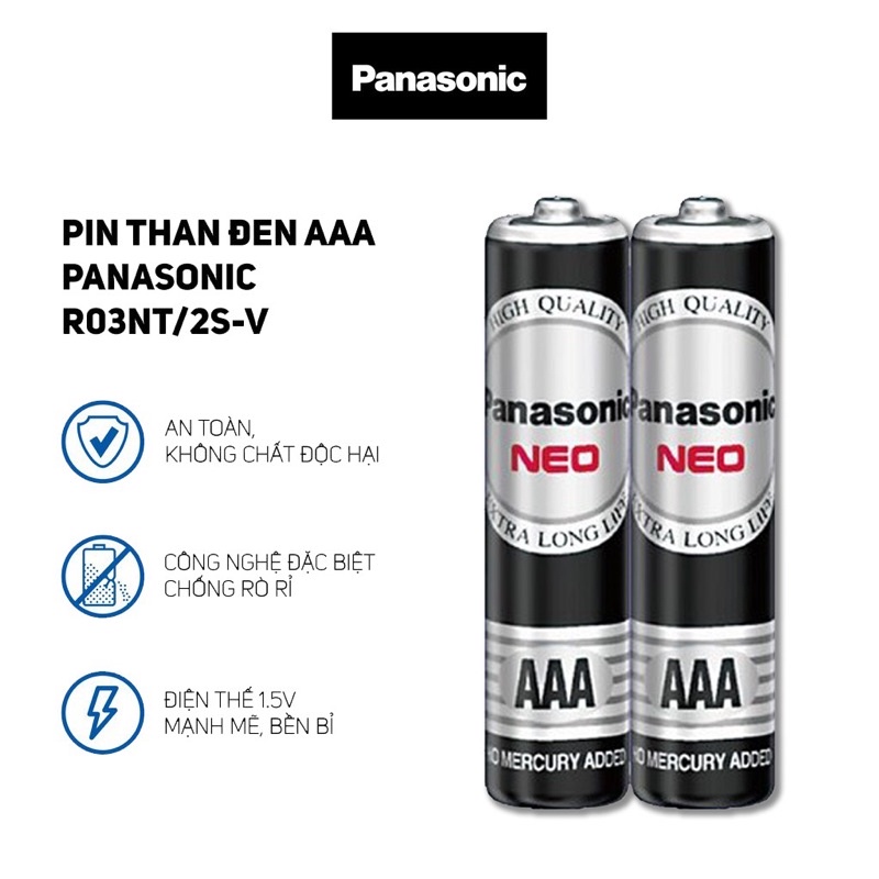 Vỉ 2 Pin Đũa AAA Panasonic R03NT-2S Chính Hãng Nắp Cho Nhiệt Kế Hồng Ngoại, Tivi, Đồ Chơi...