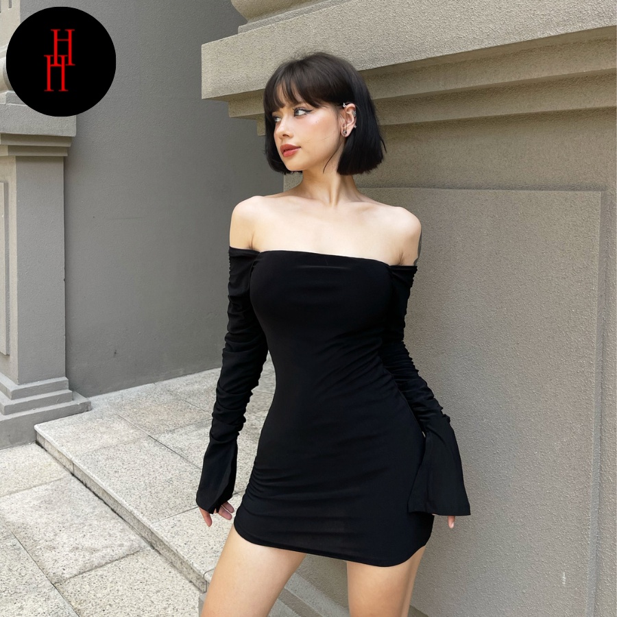 Đầm trễ vai tay dài màu nude &amp; đen váy body hở vai HDT275 Hỉn Hỉn Store