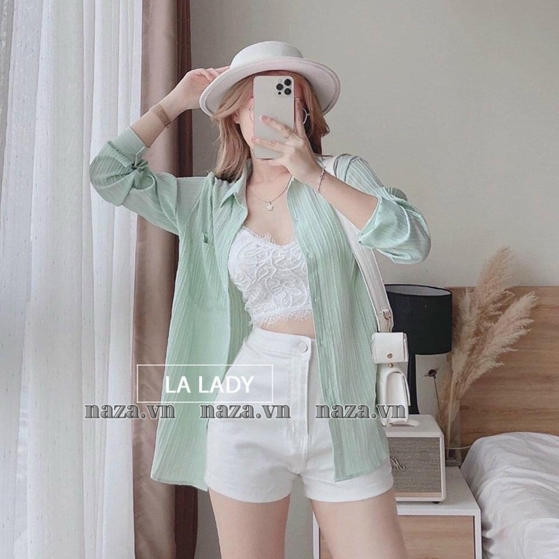 Áo sơ mi from rộng sọc xốp gân