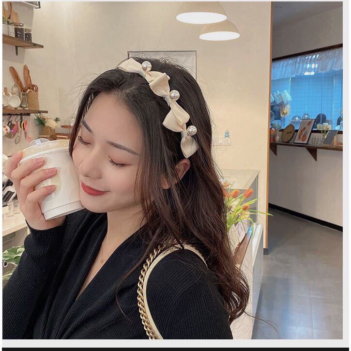 Bờm tóc 3 nơ 3 hạt ngọc duyên dáng đáng yêu - NGỌC STORE