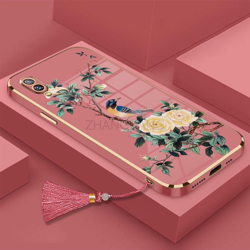ốp lưng vivo y91 y91c y1s y93 y95 Vỏ điện thoại di động TPU hoa văn chim và hoa được mạ điện có dây buộc tua