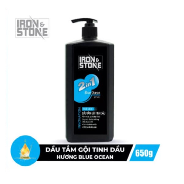 Dầu tắm gội IRON&STONE Innovation hương Blue Ocean dành cho nam dung tích 650G Z0505, dưỡng tóc mềm mượt, làm sạch sâu