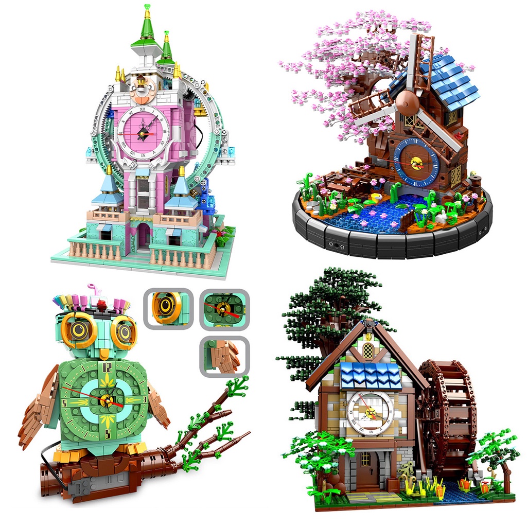 Đồng hồ lego lắp ráp mô hình phong cảnh kèm mô hình xe mô tô dành cho trẻ em