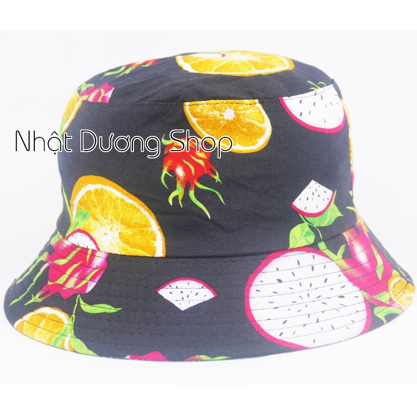 Nón bucket tai bèo hình trái cây , chất liệu vải Cotton thoáng mát size 55cm.