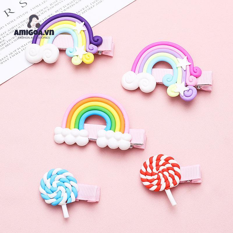 Kẹp Tóc Đất Sét Mềm Họa Tiết Cầu Vồng Dễ Thương Cho Trẻ Em