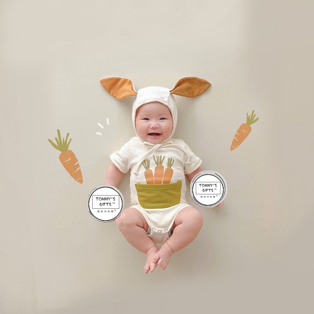 Bộ Áo Liền Quần Tay Ngắn In Hình Củ Cà Rốt + Mũ Dễ Thương Thời Trang Mùa Hè Cho Bé 0-24 Tháng
