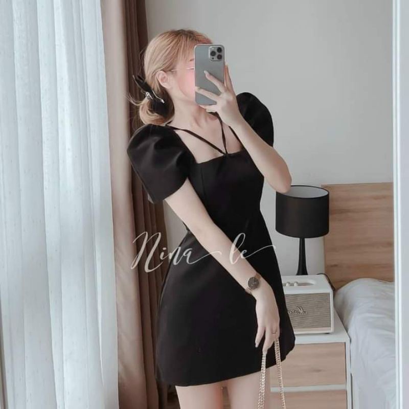 Đầm cổ vuông dây chéo tay phồng