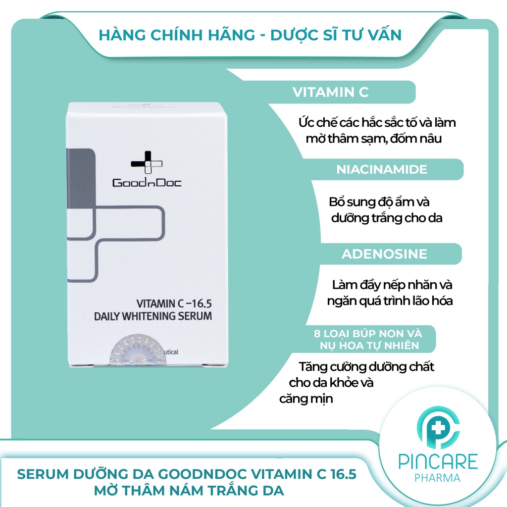 Serum dưỡng da GoodnDoc Vitamin C 16.5 mờ thâm nám trắng da - Hàng chính hãng - Nhà thuốc PinCare