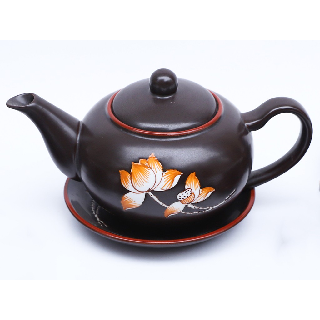 Bộ ấm chén Bát Tràng vẽ sen vàng dáng quả hồng
