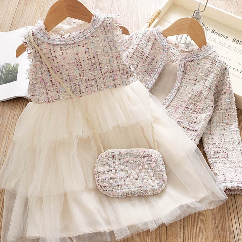 Bộ trang phục Bear Leader AX1300 PL đầm công chúa vải lưới và áo khoác vest thời trang mùa thu cho bé gái