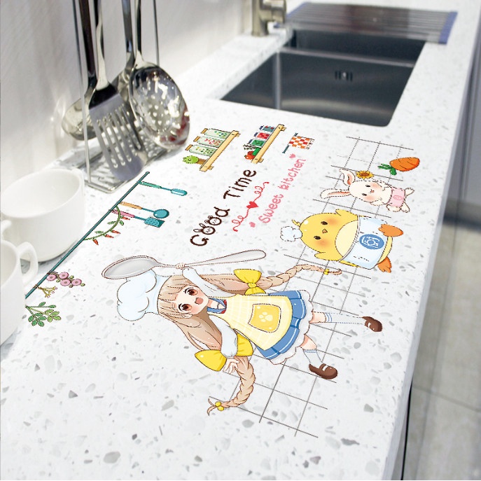 Decal dán bếp họa tiết trong suốt - Bé gái cùng chú gà và thỏ vào bếp
