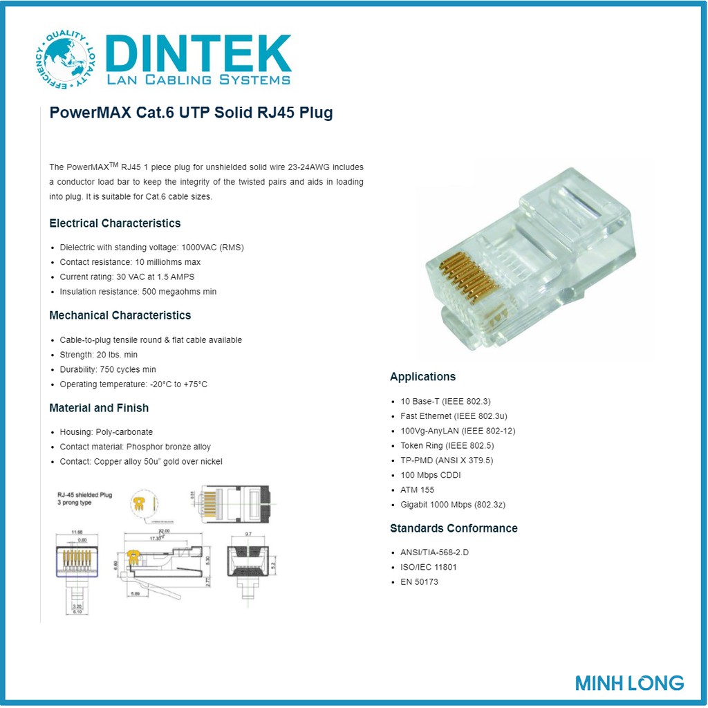 Đầu mạng RJ45 DINTEK UTP Cat.6 (P/N: 1501-88027)